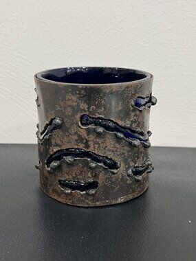 Vintage Pier 1 Brutalist Metal & Cobalt Blue Glass Candle Holder